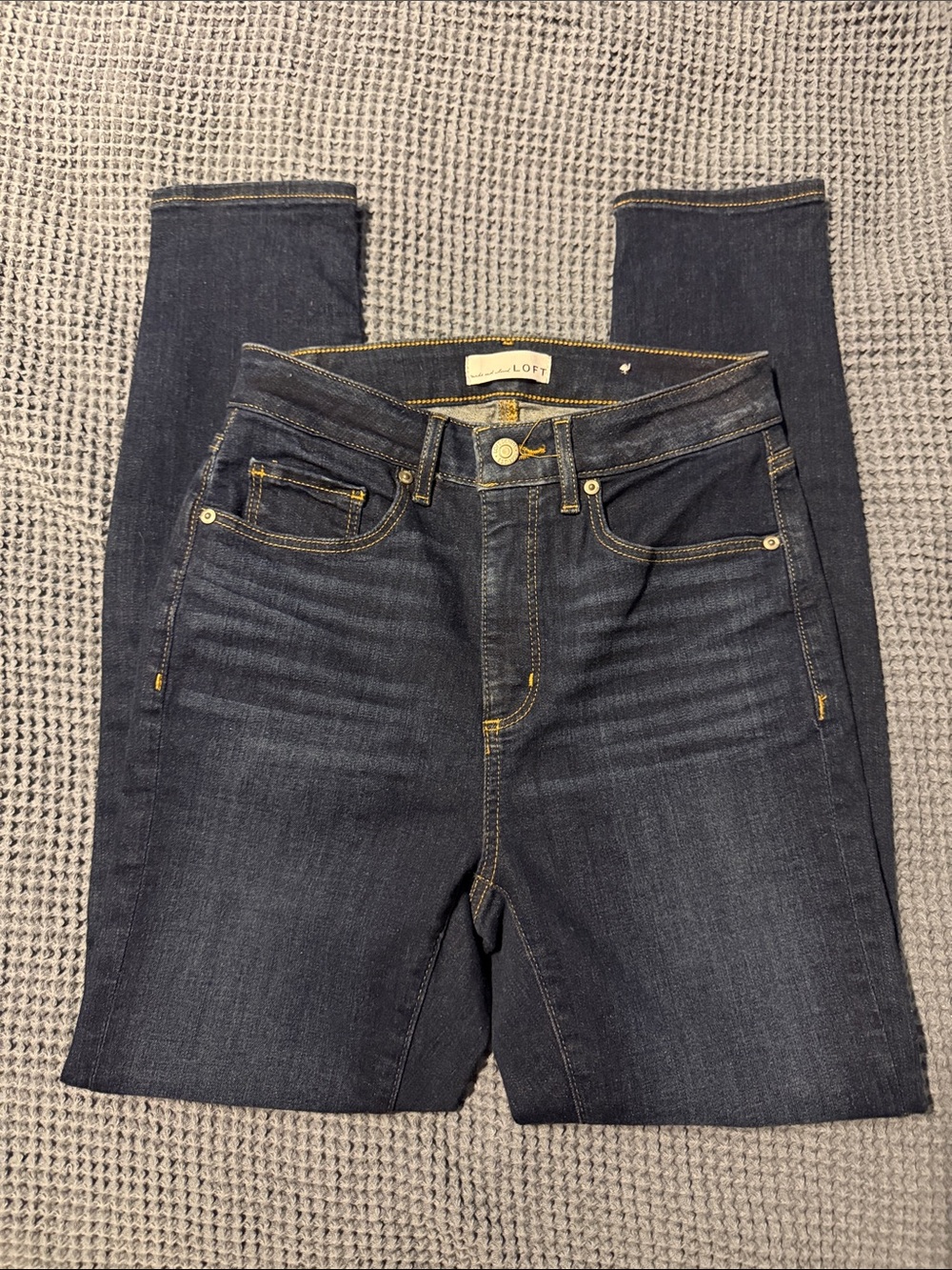 LOFT Skinny Jeans in Dark Indigo with Gold Stitching